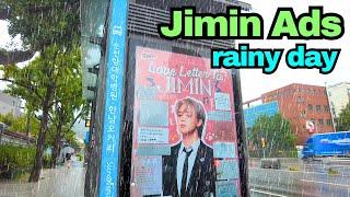 Rainy day walk to see Jimin's Bus Stop Ads outside his Apartment