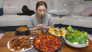 리얼먹방▶추석 집밥 한상양념목살구이, 차돌된장짜글이, 낙지볶음 대창사리, 모둠전ㅣKorean Home FoodㅣMUKBANGㅣ