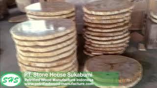 Polishing The Petrified Wood Round Slabs  - petrified wood manufacture indonesia