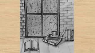 Raindrops on Window Drawing/Study table pencil drawing/Rainy season draw/A rainy day pencil sketch