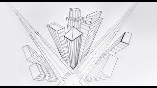 How to draw in three point perspective, city buildings bird's eye view