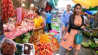 Famous Cambodian street food 2024 - Delicous Plenty Fruits, Fish, Pork, Vegetables @ market