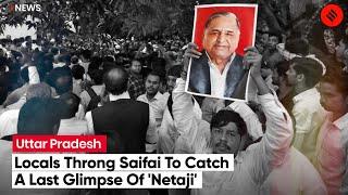 Villagers and political leaders gather in Saifai to attend Mulayam Singh Yadav's last rites