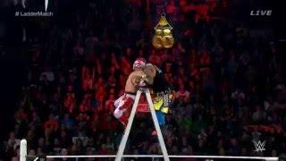 Kalisto Salida Del Sol on a ladder and Sin Cara swanton bomb on ladder