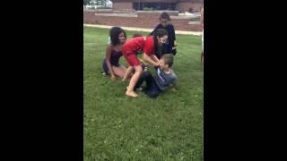 4 girls beat up buddies kid. Pretty funny