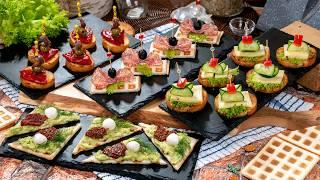 Bread waffles and Spanish pinchos - Fancy snacks for a party at home