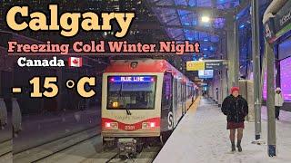 Snow Covered Calgary Downtown -15°C Freezing Cold Winter Night Walking Tour #canada #calgary  #snow