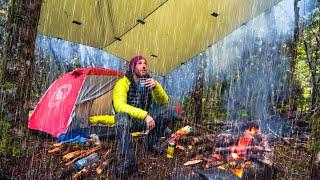 Camping in the Rain - Alone in my TENT. Heavy Rainstorm and Campfire.