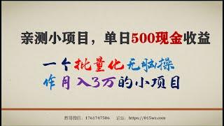 亲测小项目，单日500现金收益，一个批量化无脑操作月入3万的小项目 |#网赚2022 #网赚之家 #网赚博客 #网赚教程 #网赚论坛 #网赚项目 #makemoney #makemoneyonline