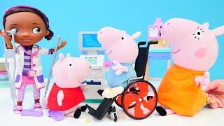 Spielzeug Video mit Peppa Wutz. Schorsch hat sich am Bein verletzt. Spielzeuge für Kinder