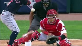 Overzealous ball boy touches ball in play, Cesar Hernandez awarded a double.