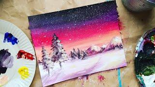 WINTER | How to draw mountains, starry sky, fir trees, snow | Drawing for beginners 