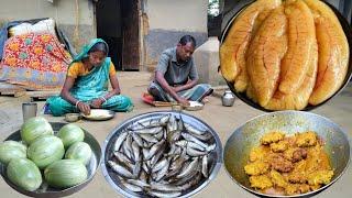 rural poor family cook FISH EGG CURRY and eat SMALL FISH with BRINJAL cooking|real village life