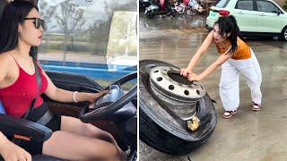 Female Truck Driver Taotao Faces Tire Breakdown in the Rain While on the Job