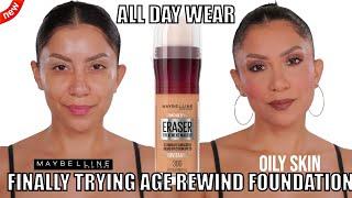 FINALLY TRYING MAYBELLINE AGE REWIND FOUNDATION REVIEW +12HR WEAR TEST *oily skin*| MagdalineJanet