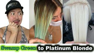 Swamp Green to Platinum Blonde Hair Transformation