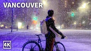 【4K】Downtown Vancouver Night Walk in Heavy Snow and Wind | Christmas Canada (Sounds Of Snowfall)