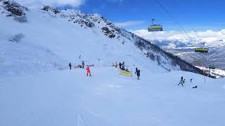 Skiing from Roza peak! Rosa Khutor Sochi! Skiing in Sunny Day in Rosa Khutor ski resort in Russia.