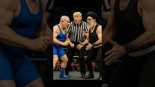 "Wrestling diplomacy collapses: Referee Trump hits the mat, crowd erupts in laughter."