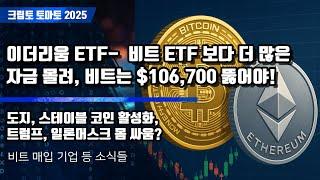 06/08) 이더리움 ETF-  비트 ETF 보다 더 많은 자금 몰려, 비트는 $106,700 뚫어야! 도지, 스테이블 코인 활성화,트럼프, 일론머스크 몸 싸움?