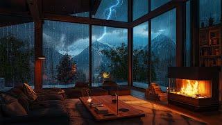 Rainy Tropical Forest Ambience - Thunderstorm with Lightning, Rain,Crackling Fireplace | Sleep,Relax