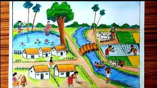 How to draw scenery of village life easy|scenery of people busy in the village drawing easy steps