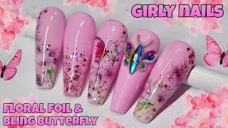  EASY SPRING NAIL ART | Floral Foil | Decals | Glitter | Bling Butterfly | Gel Polish Design