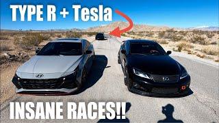 Tesla Model 3 LR AWD vs Modded FK8 Civic Type R vs Lexus ISF vs Elantra N!