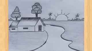 Nature Scenery Drawing with Pencil  Easy Technique || Easy Village Scenery drawing