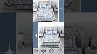Elegant blue full jaal print on cream premium cotton double bedsheet with two pillow covers
