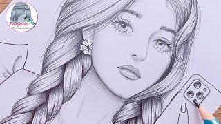 How to draw A girl with Double Braided Hairstyle and iPhone || Pencil Sketch for beginners