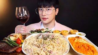 SUB)꾸덕한 크림파스타에 스테이크 먹방  와인, 리조또 샐러드 Steak Cream Pasta Mukbang