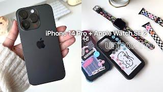 iPhone 14 Pro Unboxing (Space Black) + Apple Watch SE 2 | setup + accessories | aesthetic unboxing 