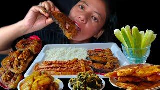 BOILED BAMBOO SHOOTS // FISH FRY WITH RICE // PUMPKIN FLOWER POKODA , SAAG,ISKUS, SALAD#mukbang