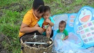 single mother - harvesting taro, weaving chicken coops, catching chickens to sell at market