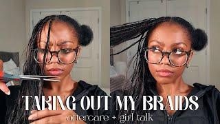 TAKE OUT MY BRAIDS WITH ME + GIRL TALK! | my aftercare, deep topics, food breaks, xsmall knotless