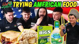 BULLHITTERS from the UK try AMERICAN FOOD for the FIRST time!