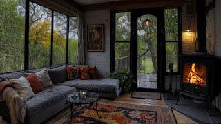 Rain Forest in a Wooden Cabin Ambience | Fireplace and Gentle Rain Sounds for the Best Sleep