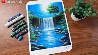 Moonlight Waterfall Nature Scenery Drawing for Beginners | Oil Pastel Drawing