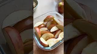 Breakfast recipe: quick oats, baked apples, and raspberry sauce.