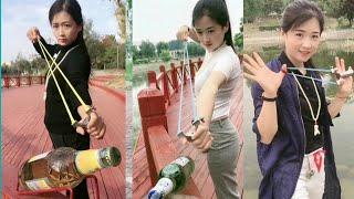 wow amazing girl use slingshot like pro,slingshot skill,slingshot shooting