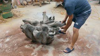 I'm Sure You've Never Seen Before // A Young Worker Turning A Tree Stump Into An Expensive Table