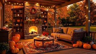 Autumn Porch Ambience  Cozy Morning with Smooth Jazz Music & Crackling Fireplace for Work, Unwind