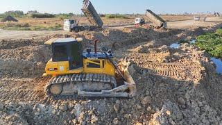 Great Action !! SHANTUI Bulldozer & 25Ton Dump Trucks Filling Soil On a Big Lake