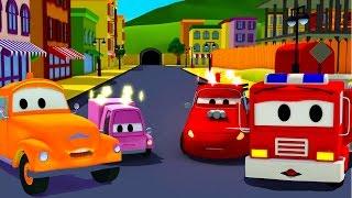 The Car Patrol: fire truck and police car with Tom the Tow Truck and the accident  in Car City