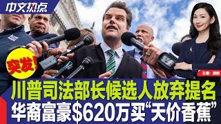 突发！盖茨退出司法部长提名；川普开卖“MAGA吉他”；华裔$620万买“天价香蕉”；曝马斯克将打击联邦雇员远程办公；美国检方指控亚洲前首富；ICC对内塔尼亚胡发逮捕令《中文热点》Nov.21.2024