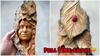 Cottonwood Bark Wood Carving Time-lapse - Carving a Female Wood Spirit (plus ladybug!)