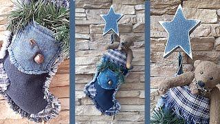 Denim Christmas stocking & wooden star. Рождественский сапожок и деревянная звезда