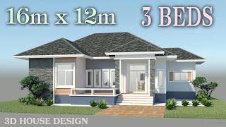 Mẫu nhà cấp 4 mái Nhật 3 phòng ngủ thiết kế đẹp, 16m x 12m  ● 3D House Design