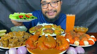 SPICY PRAWNS CURRY, MUTTON LIVER CURRY AND EGG CURRY WITH RICE EATING SHOW, INDIAN FOOD EATING